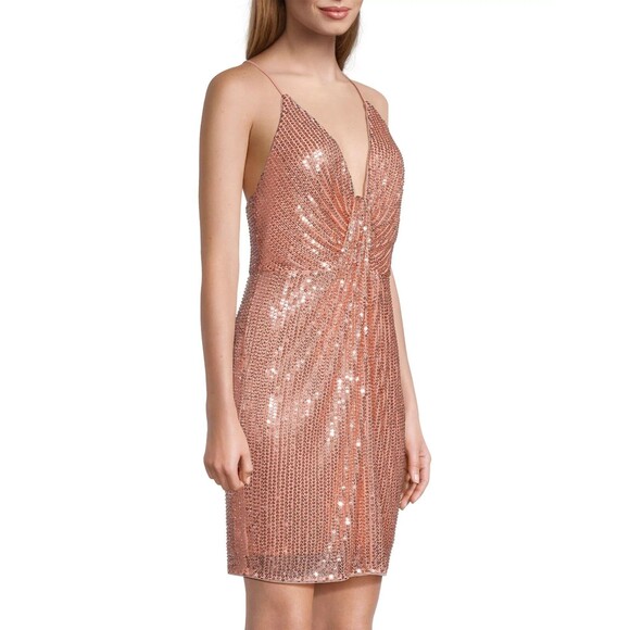 Liv Foster women Draped Beaded Sequin Short Mini Dress size 6 Peach Strappy $275 - Picture 4 of 11
